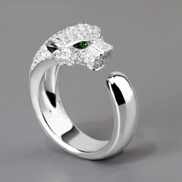 Beautiful Homage Green Eyed Diamond Panther Head Ring .925 Sterling Silver - Picture 9 of 9